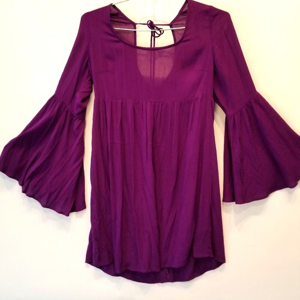 Purple Rayon Bell Sleeve Zipper Back Round Neck Tunic Top Gifts Women's Size L
